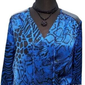 Cache Silk pLeather Shoulders Top New Faux Wrap Shirred Waist Animal NWT $138